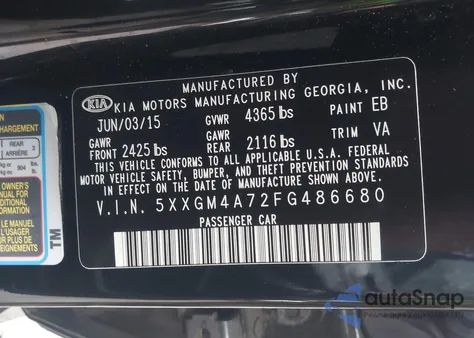 2015 Kia Optima Lx from USA, damaged, VIN 5XXGM4A72FG486680